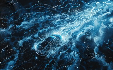 a car is traveling along a dark background with a conductive thread, in the style of textured splashes, 