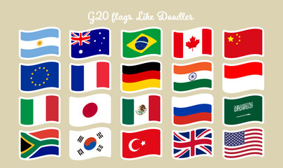 ゆるい手描きタッチのG20の国旗のイラストセット