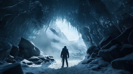 Unrecognizable Traveler inside ice cave in daytime