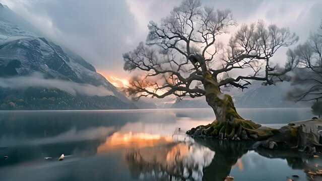 Strange dark twisted trees surrounding a lake , wide angle waiting for dramatic breathtaking sunrise,generative ai