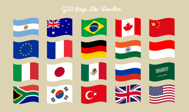 ゆるい手描きタッチのG20の国旗のイラストセット