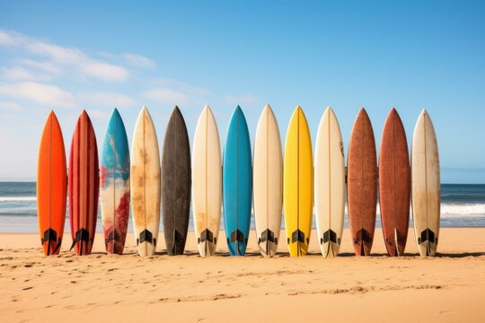 Row of surfboards on beach. Palm travel. Generate Ai