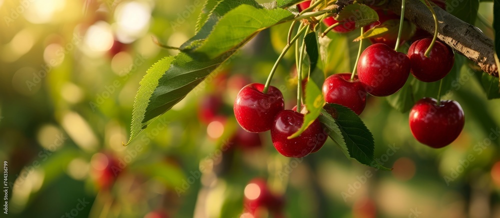 Canvas Prints beautiful scene of ripe cherries hanging from a lush green tree in a sunny orchard