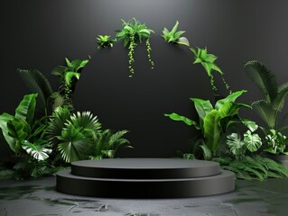 Modern monochromatic podium with green plants to make your products stand out.