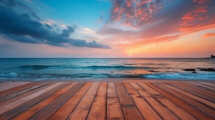 Fototapeta na wymiar Wooden products near sea under blue sunset sky at evening
