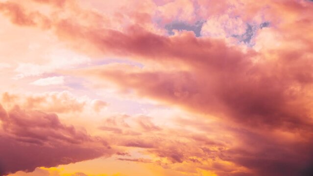 Sky Sunset Sunrise Background. 4k Timelapse Toned Pink-yellow Clouds. Unusual Sky Background. Rich Colors Pink Colors. Saturated Yellow Colors Of Clouds. Time Lapse Time-lapse Time-lapse. Toned