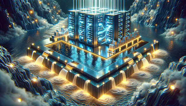 Futuristic cryptocurrency mining pool with glowing servers and flowing cables.