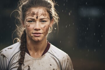 Rugby ball woman portrait. Action team player. Generate Ai
