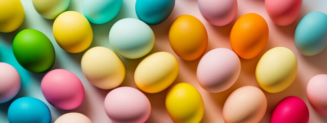 Easter banner. Colorful Easter eggs decoration arranged on pastel backdrop. Spring colors Easter background - 744337129