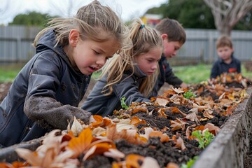 Children learning to compost in a school garden, fostering early environmental education and sustainable practices.