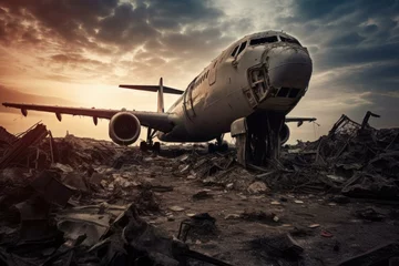 Tuinposter Oud vliegtuig Ruined old airplane. Abandoned travel plane broken aviation. Generate Ai