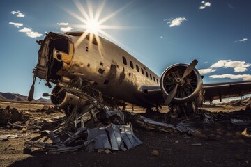 Ruined old airplane in sunny light. Dirty cockpit air wreck metal. Generate Ai