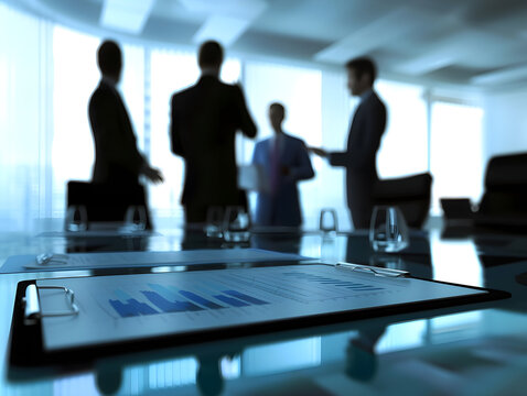 Silhouetted Professionals in Modern Office Space: Concept of Business Strategy, Corporate Decision-Making, and Collaboration in Formal Setting