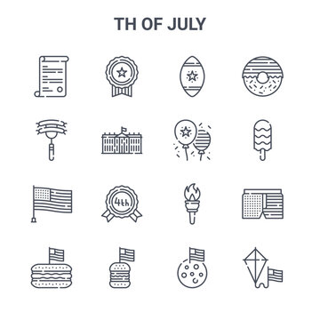 set of 16 th of july concept vector line icons. 64x64 thin stroke icons such as medal, sausage, popsicle, torch, burger, kite, moon, th of july, donut