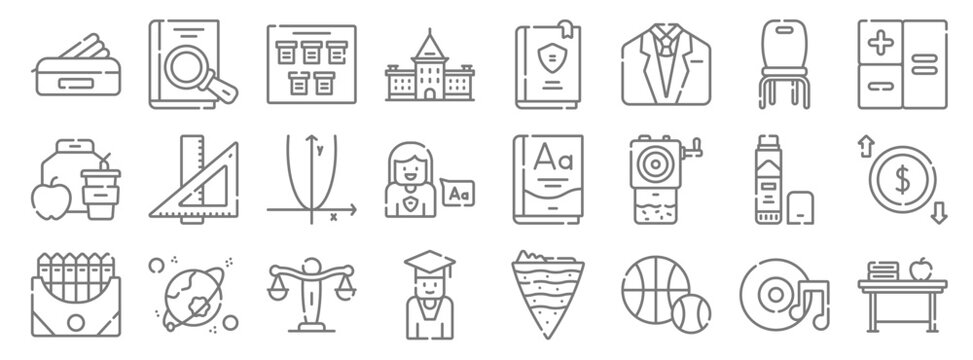 academy line icons. linear set. quality vector line set such as desk, sports, student, crayon, glue stick, algebra, arithmetic, book, book