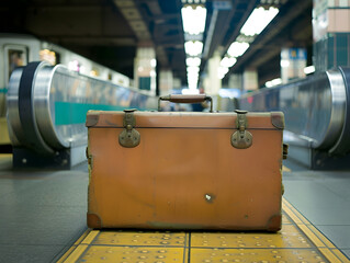 Concept of Nostalgia and Wanderlust: Vintage Brown Leather Suitcase on Tactile Paving in Subway Station, Contrast of Old and New, Journey and Solitude