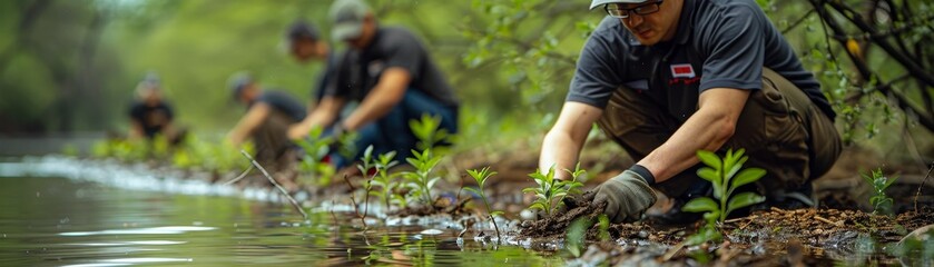 Volunteers are restoring a wetland by planting natives and removing invasives. - obrazy, fototapety, plakaty