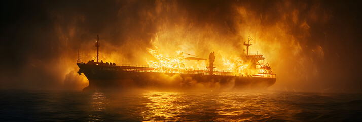 Massive marine oil spill ablaze. Fire at Modern Granary elevator in seaport.

 - obrazy, fototapety, plakaty