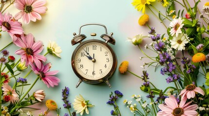 A vintage alarm clock surrounded by a vibrant array of spring flowers