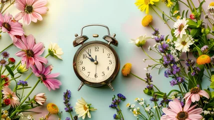 Tuinposter A vintage alarm clock surrounded by a vibrant array of spring flowers © JH45