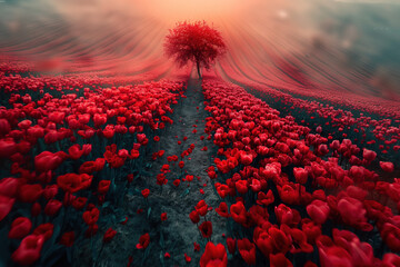 Fototapeta premium Picturesque red tulip flower fields in Holland and a lonely tree, Netherlands, scenic aerial view on a beautiful day