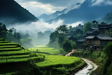 Foto op geborsteld aluminium Guilin Rural scene village mountains water home. Tourism scenic. Generate Ai