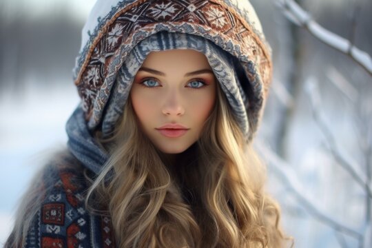 Russian girl winter clothes sunny light. Park natural cheerful adorable cute. Generate Ai