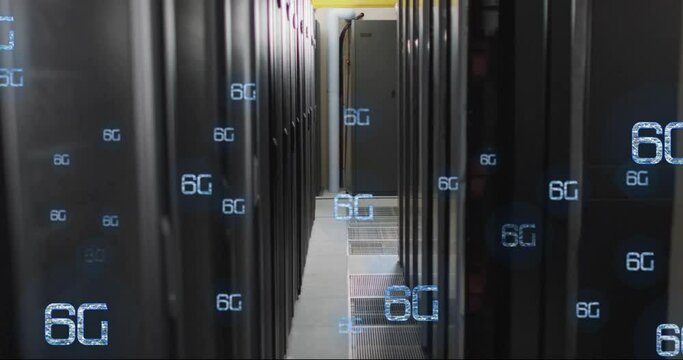 Animation of 6g text, digital data processing over computer servers