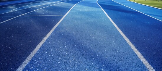 A blue running track with white lines, used for fitness or competition, providing a designated path for athletes.