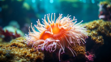 Naklejka na ściany i meble An orange sea ​​anemone floating in the ocean water 