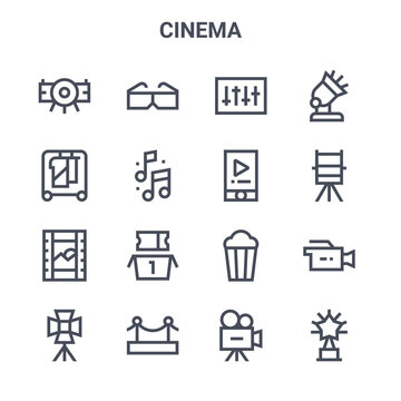 set of 16 cinema concept vector line icons. 64x64 thin stroke icons such as d glasses, wardrobe, directors chair, popcorn, carpet, award, camera, mobile phone, stage