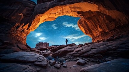Anonymous person admiring stone arch and canyon under starry sky with Milky Way