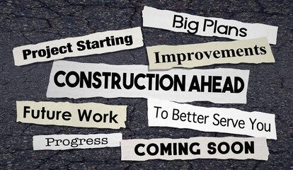 Construction Ahead Road Project Improvement Closure News Headlines Announcement 3d Illustration - obrazy, fototapety, plakaty