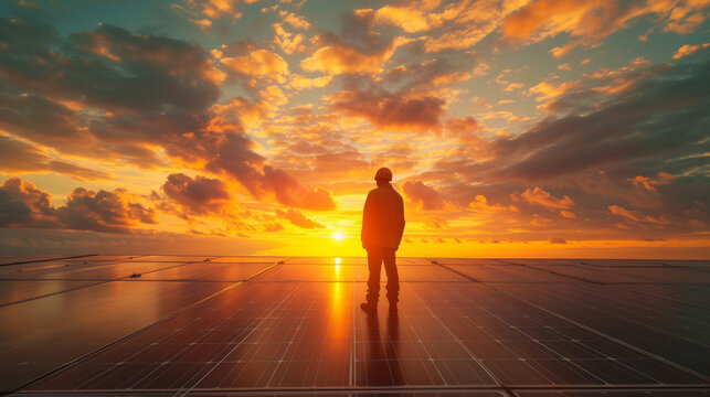 A man in silhouette stands on a photovoltaic system at sunset
