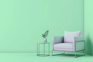 Monochrome Pastel Blue Room Interior with Furniture and Accessories on a Light Background