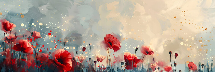 A banner with bright red poppy flowers, a poster for Memorial Day, Memorial Day, Anzac Day. A place for the text. Bright red and white poppies with dark leaves. - obrazy, fototapety, plakaty