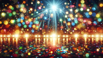 Fototapeta na wymiar Bright colorful lights and confetti bokeh background