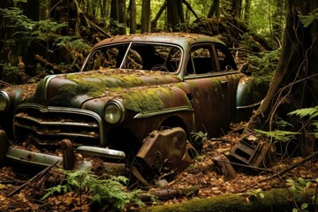 Rusty abandoned car in forest. Scrap attack. Generate Ai