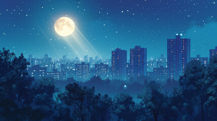 the moon shines on a city - obrazy, fototapety, plakaty