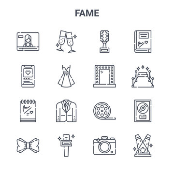set of 16 fame concept vector line icons. 64x64 thin stroke icons such as cheers, social media, carpet, film roll, interview, spotlight, camera, mirror, autograph