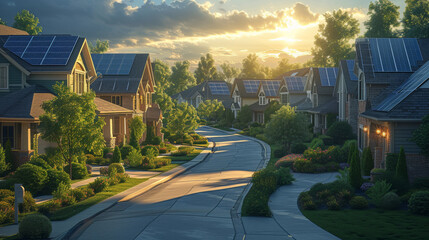 a cozy street with single-family houses with solar panels on the roofs - obrazy, fototapety, plakaty