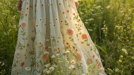 A delicate and feminine maxi dress adorned with dainty floral embroidery in soft pastel hues. Perfect for a romantic picnic in a lush green meadow.