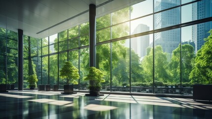 Blurred empty modern open space office with large windows and green trees