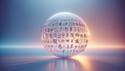 Multilingual Harmony: Glass orb with swirling script characters symbolizing interconnectedness and language translation.