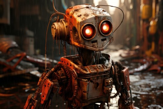 Rusty robot trash. Cyber punk robotic technology metal waste. Generate ai
