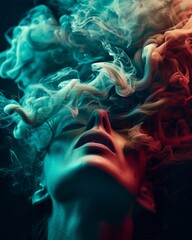 Psychedelic portrait of a woman with dark teal and crimson smoke swirling around the head - obrazy, fototapety, plakaty