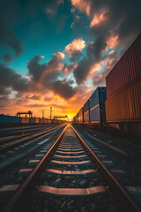 Fototapeta premium Shipping containers arriving at rail yard for transport and logistics operations