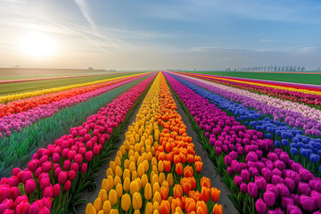 Picturesque tulip flower fields in Holland, Netherlands, scenic aerial view on a beautiful day