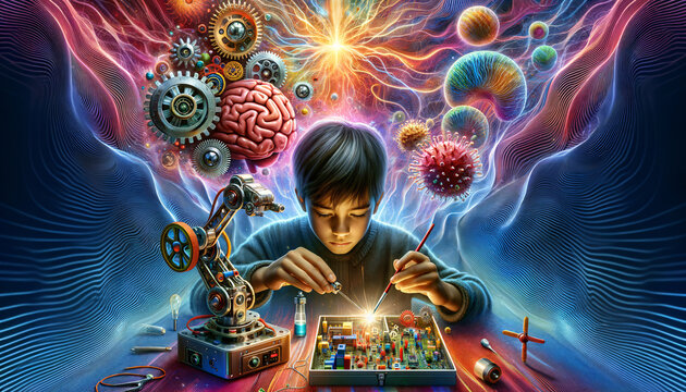 Vibrant STEM Education Scene with Abstract Surrealism
