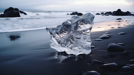 : Broken ice floating in sea water on black beach